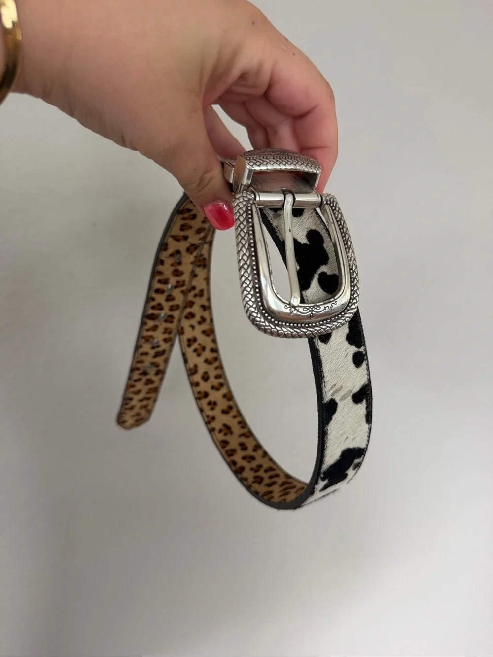Leopard Print Reversible Women's Belt with Silver Buckle